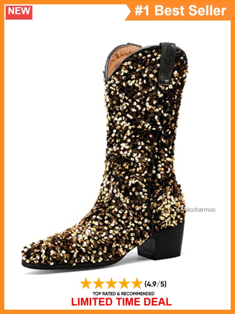 Sequin Mid Calf Cowboy Boots Chunky Heel Wedding Party Western